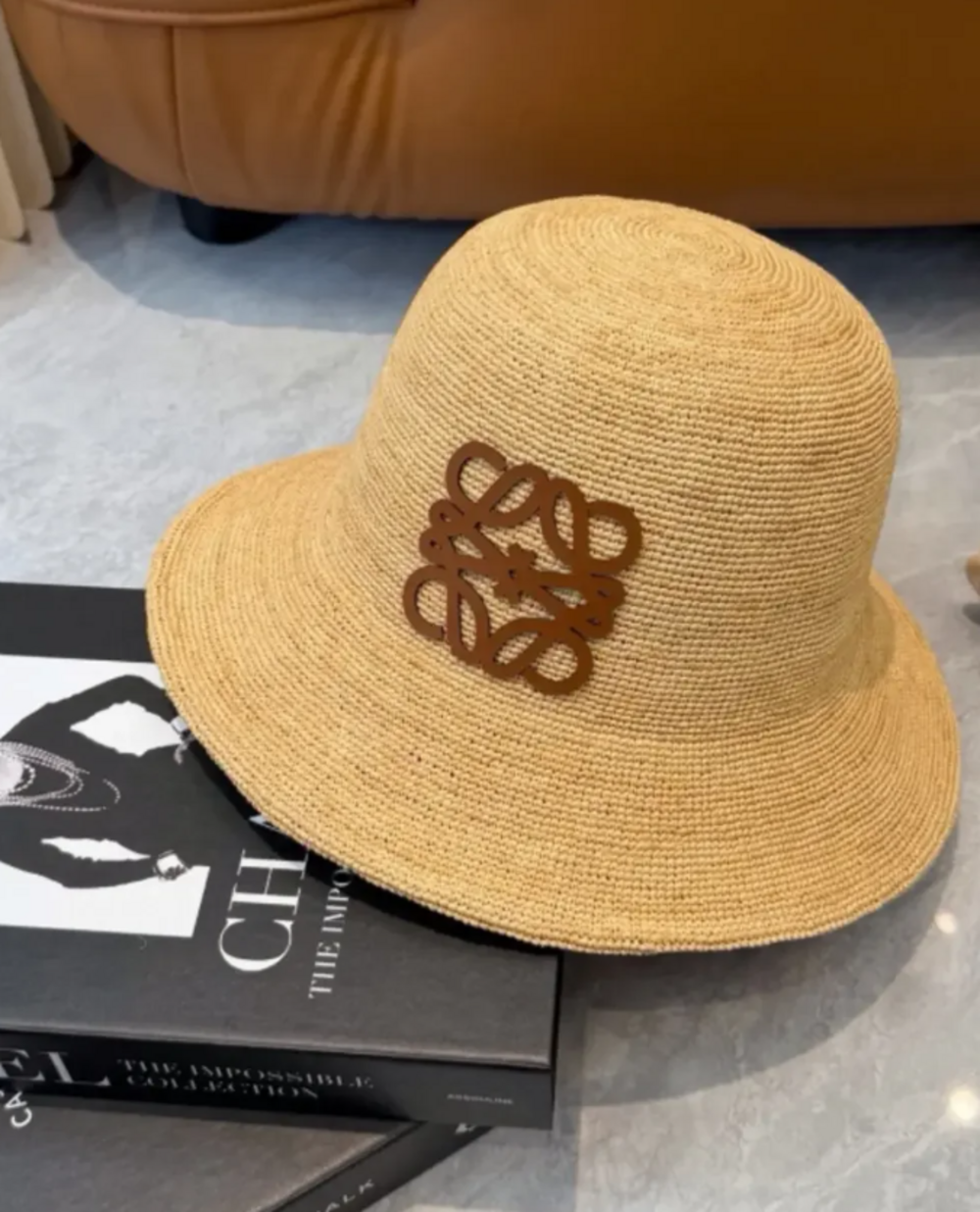 Loewe Tan Straw Bucket Hat with Leather Anagram Accent